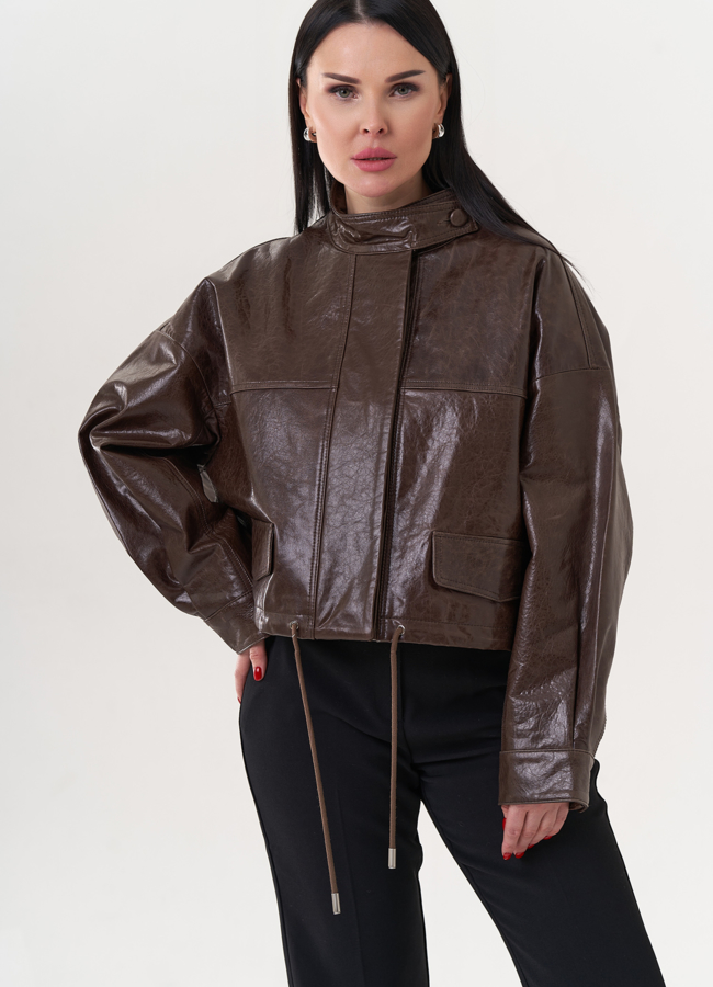 Кожаная куртка оверсайз модель № 26891 меха малина