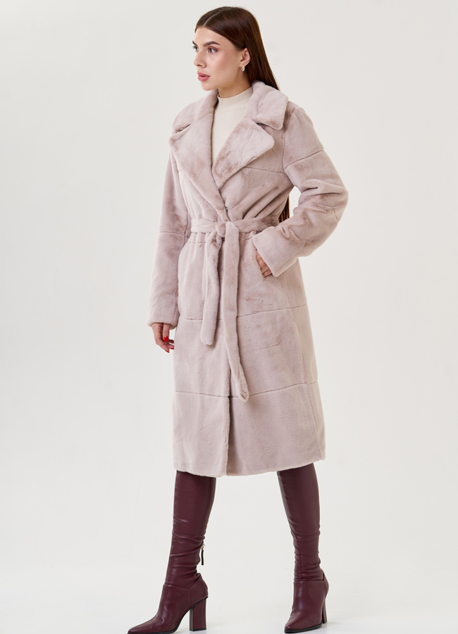 фото Пальто из эко меха с поясом модель № 79341