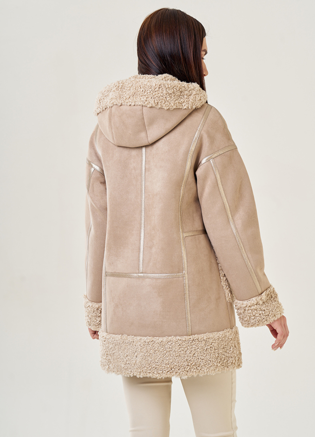 фото Женская искусственная дубленка с капюшоном модель № 23072