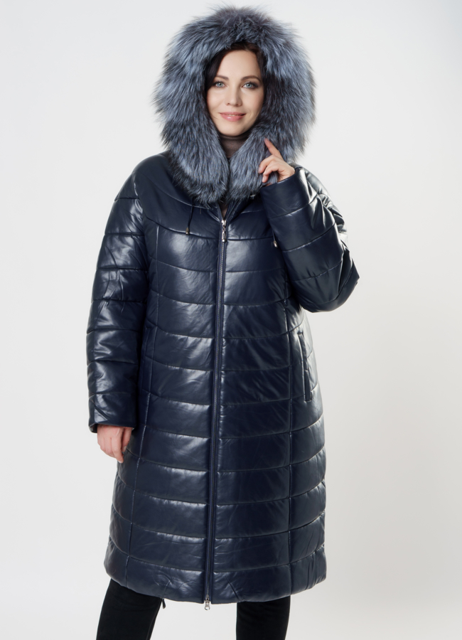 Пуховик из эко кожи синего цвета с капюшоном модель № 11665 универмаг малина
