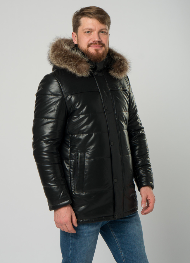 Мужской пуховик из эко кожи с капюшоном и отделкой из енота модель № 21967 меха малина