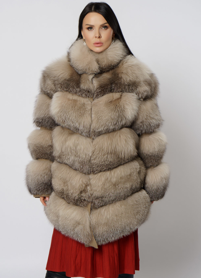 Шуба из лисы с воротником стойкой модель № 21729 меха малина