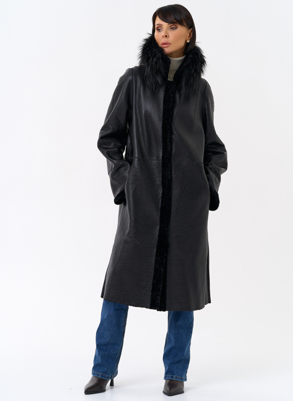 Женская двухстороняя дубленка с воротником из меха чернобурой лисы