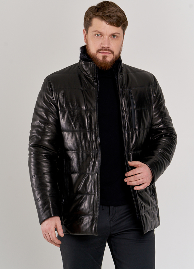 Пуховик мужской черного цвета модель № П-509 меха малина