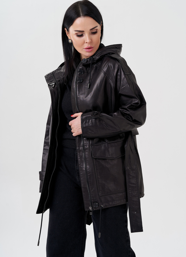 Женская куртка из натуральной кожи с капюшоном  модель № 24090 универмаг малина