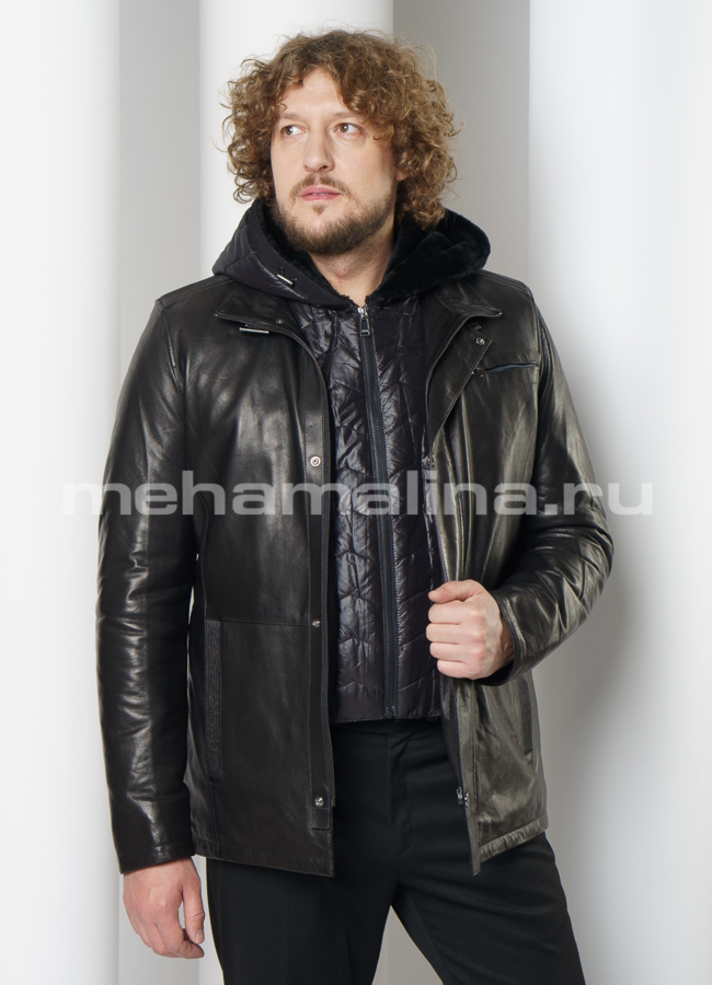 Пуховик из натуральной кожи с капюшоном модель № ПМ-110 меха малина