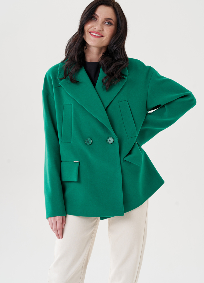 фото Укороченное женское пальто зеленого цвета  модель № 24409