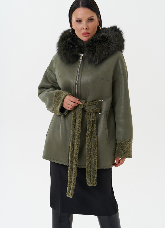 Эко дубленка с капюшоном из меха чернобурки модель № 27771 меха малина