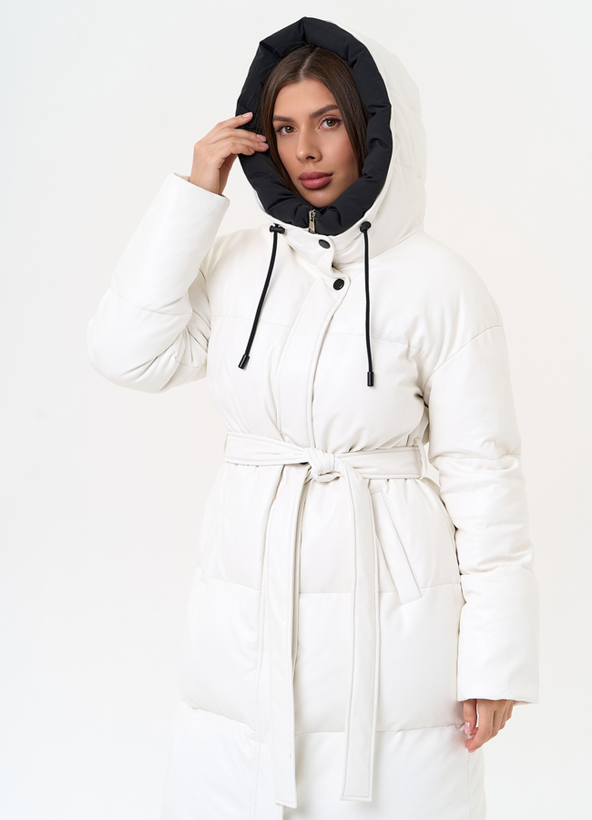 фото Белый пуховик из эко кожи с поясом модель № 30728 фото Белый пуховик из эко кожи с поясом модель № 30728
