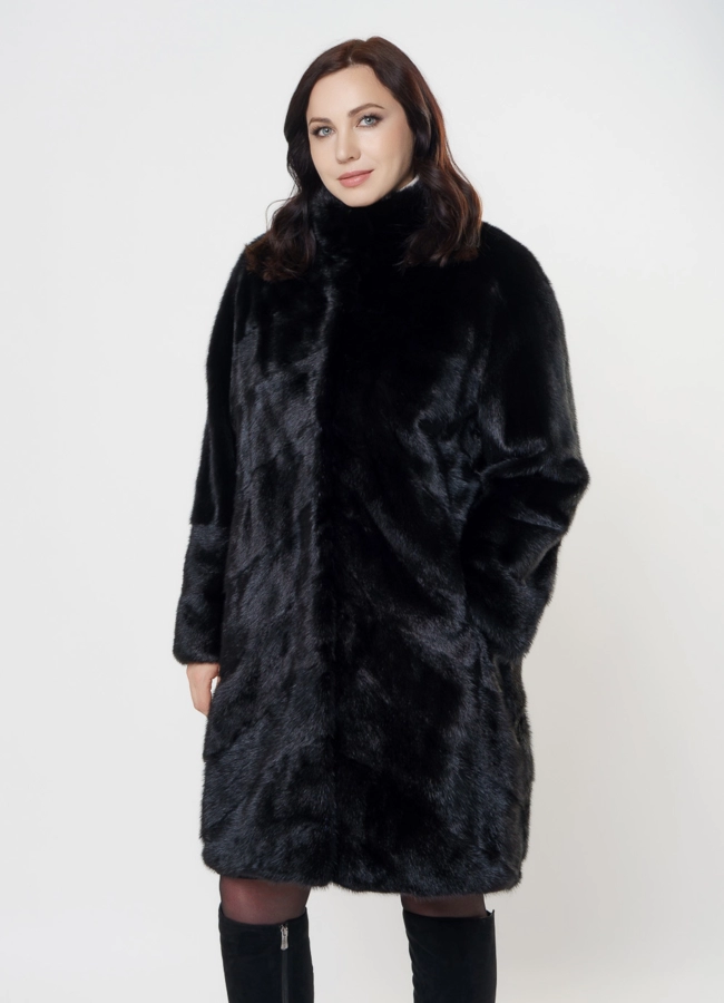 Шуба из норки черного цвета модель № S-1006 меха малина