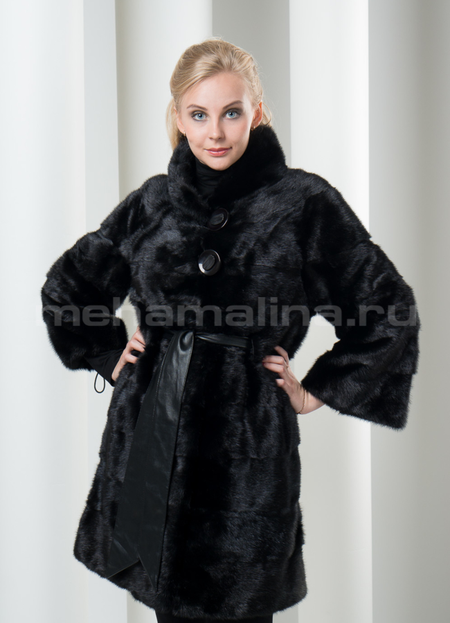 Шуба норка, воротник - стойка модель № S-100 меха малина