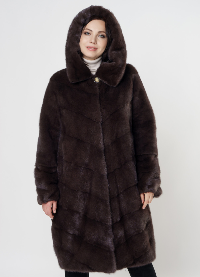 Длинная норковая шуба с капюшоном модель № S-1005 меха малина