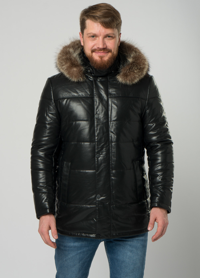 Мужской пуховик из эко кожи с капюшоном и отделкой из енота модель № 21967 универмаг малина