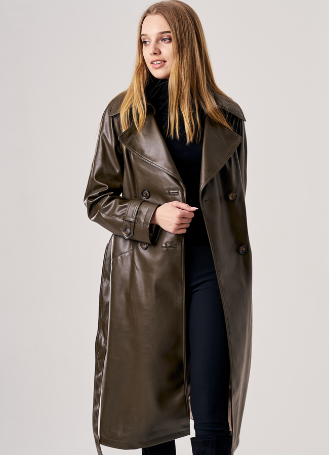 Плащ женский из эко кожи зеленого цвета модель № 5-0128/1-110 универмаг малина