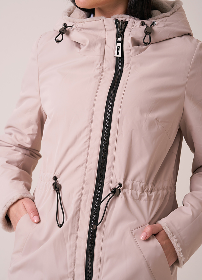 Двусторонняя эко шуба из искусственного меха с капюшоном на поясе модель № 1062 в кредит