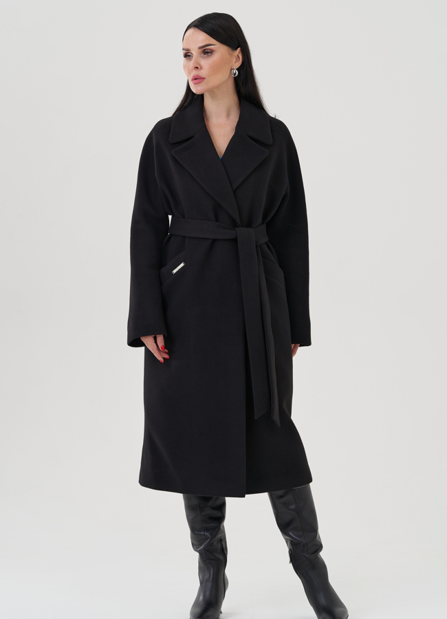 фото Женское пальто черного цвета с английским воротником модель № 22959
