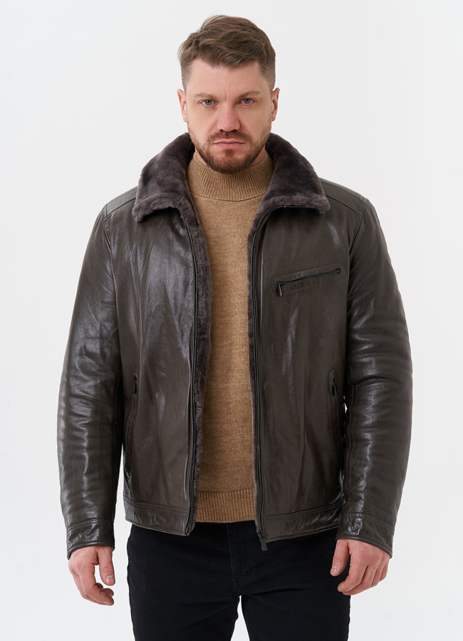 Пуховик из натуральной кожи с отделкой из овчины модель № 28948 универмаг малина