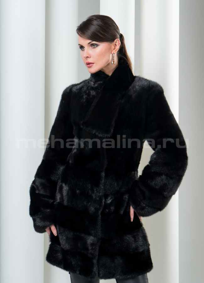 Шуба норка, воротник-стойка галстук модель № S-105 меха малина