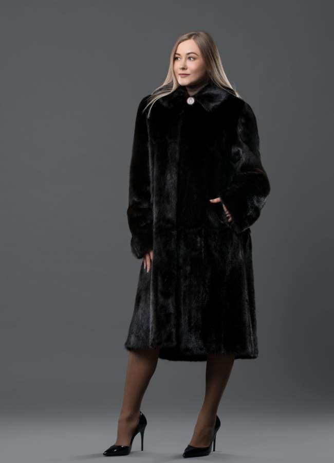 Норковая шуба в цвете махагон с капюшоном модель № S-771 меха малина