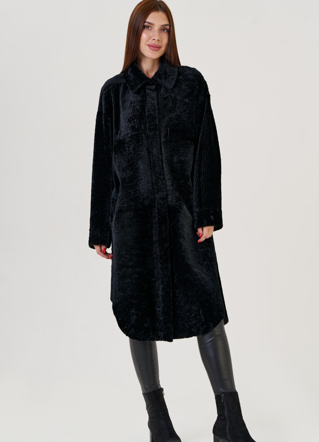 Двухсторонняя женская дубленка черного цвета  модель № 23357 универмаг малина