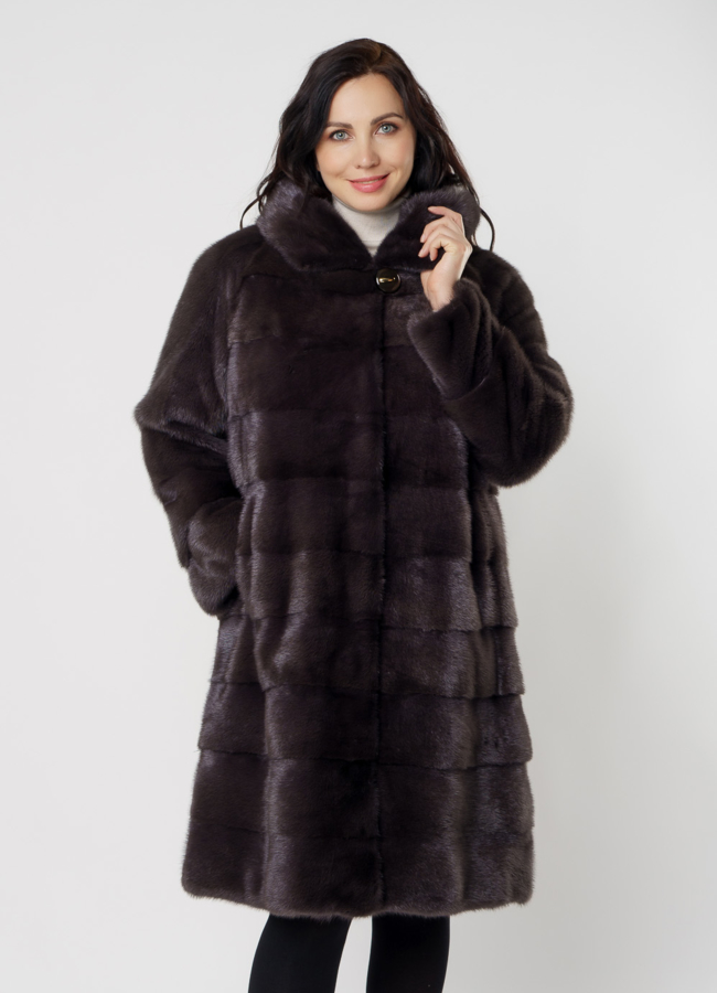 Поперечная норковая шуба в цвете уголь модель № 8010 меха малина
