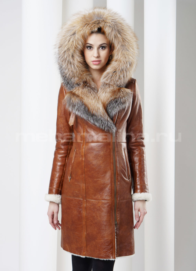 Дубленка на молнии, цвет виски модель № D-112 меха малина