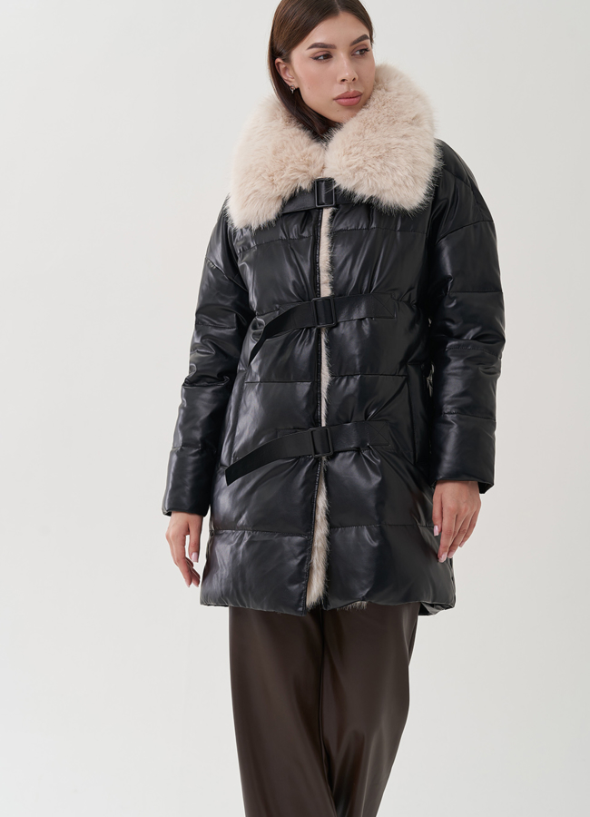 Пуховик из эко кожи с воротником из эко меха  модель № 24868 в рассрочку
