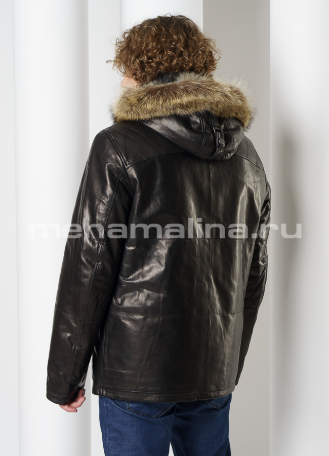 Дубленка черного цвета на молнии с капюшоном  модель № DM-132 в кредит