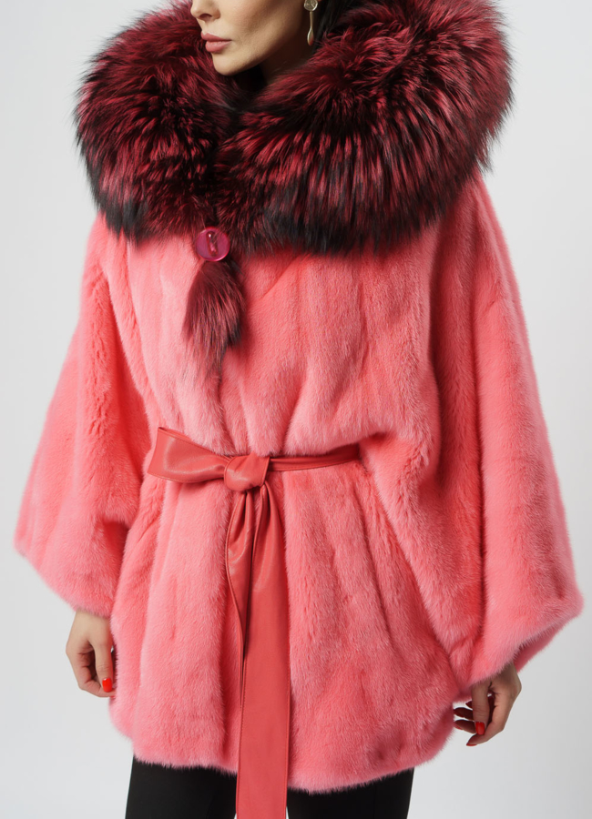 Укороченная норковая шуба с капюшоном в розовом цвете модель № 2012-8 универмаг малина