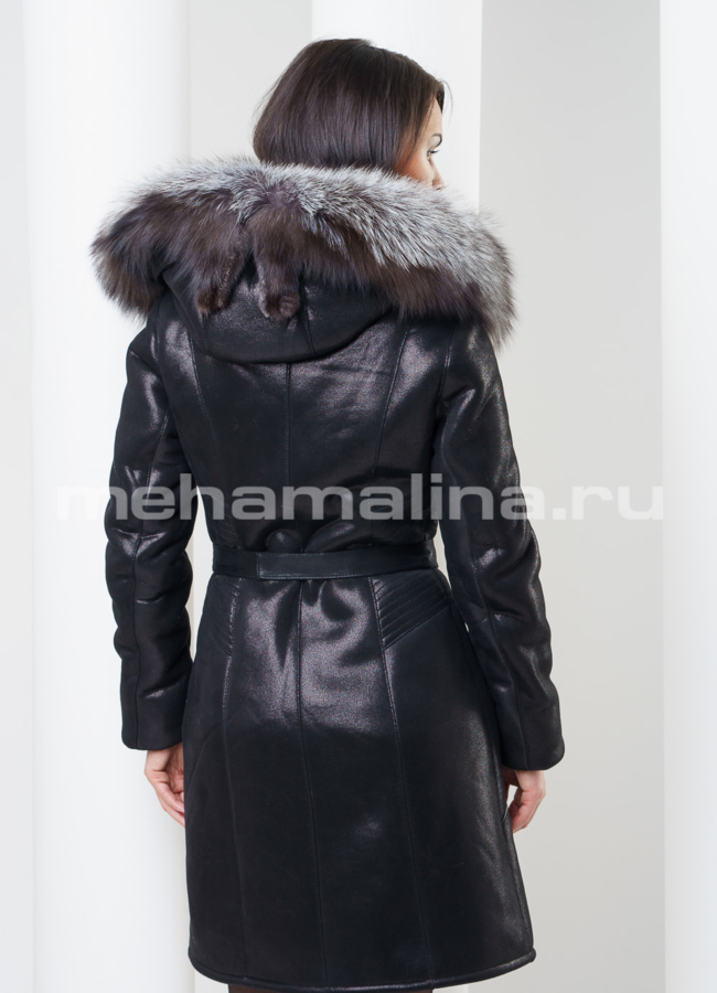 Дубленка из искусственной кожи черного цвета с чернобуркой модель № W-10 универмаг малина