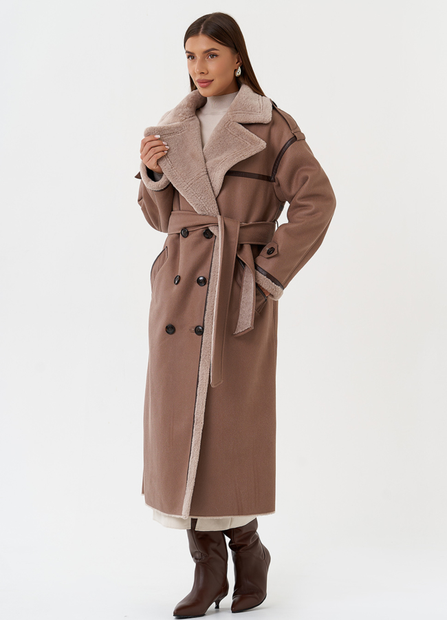 Женская дубленка из эко кожи с английским воротником модель № 28528 в кредит