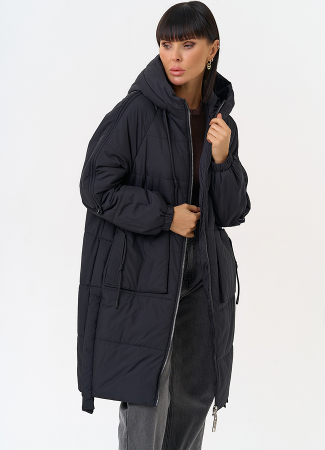 Женское пальто с капюшоном черного цвета модель № 31549 меха малина