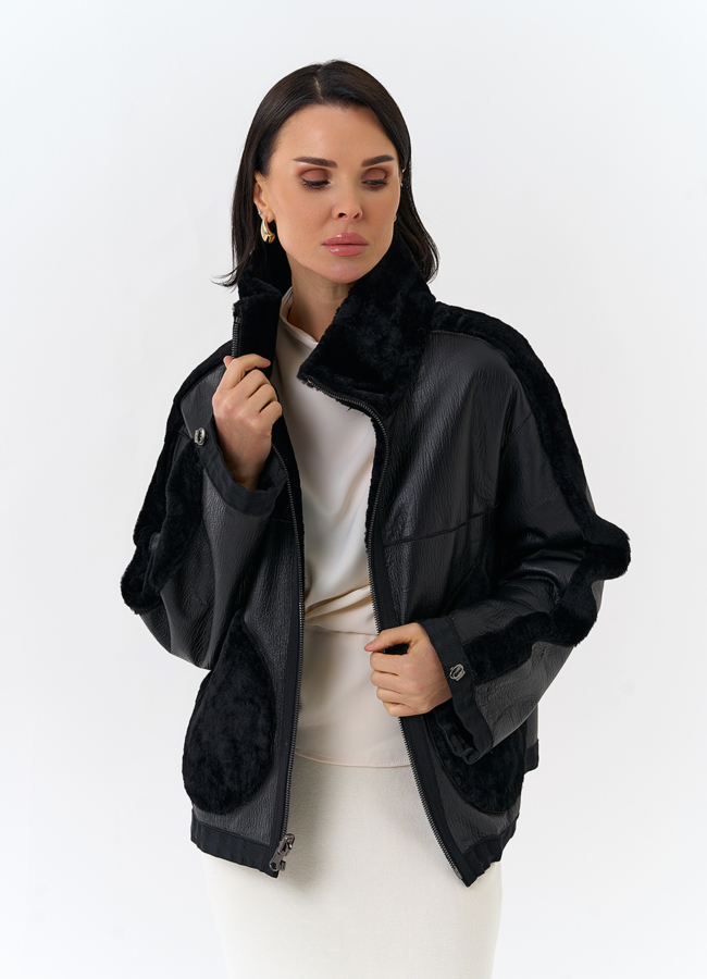 Короткая двухсторонняя дубленка в черном цвете модель № 32082 универмаг малина