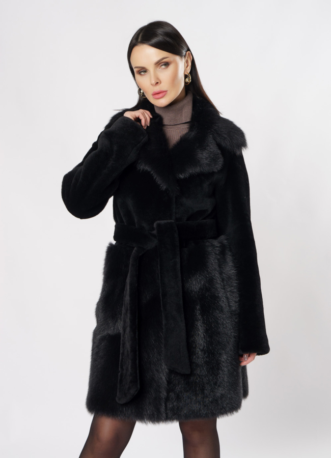 фото Дубленка черного цвета с английским воротником модель № 1416-86
