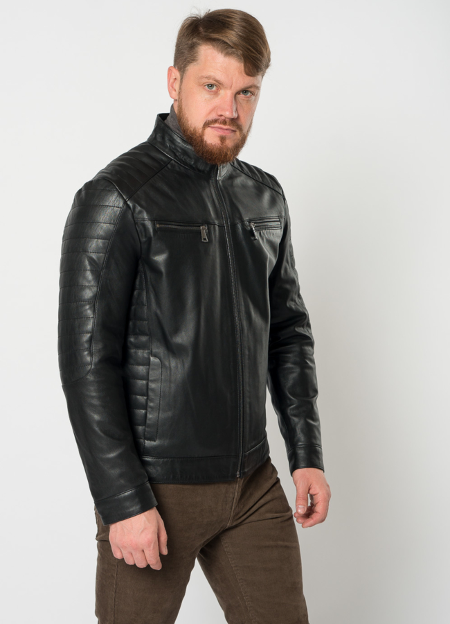 Мужская кожаная куртка мото в черном цвете модель № 21611 в кредит