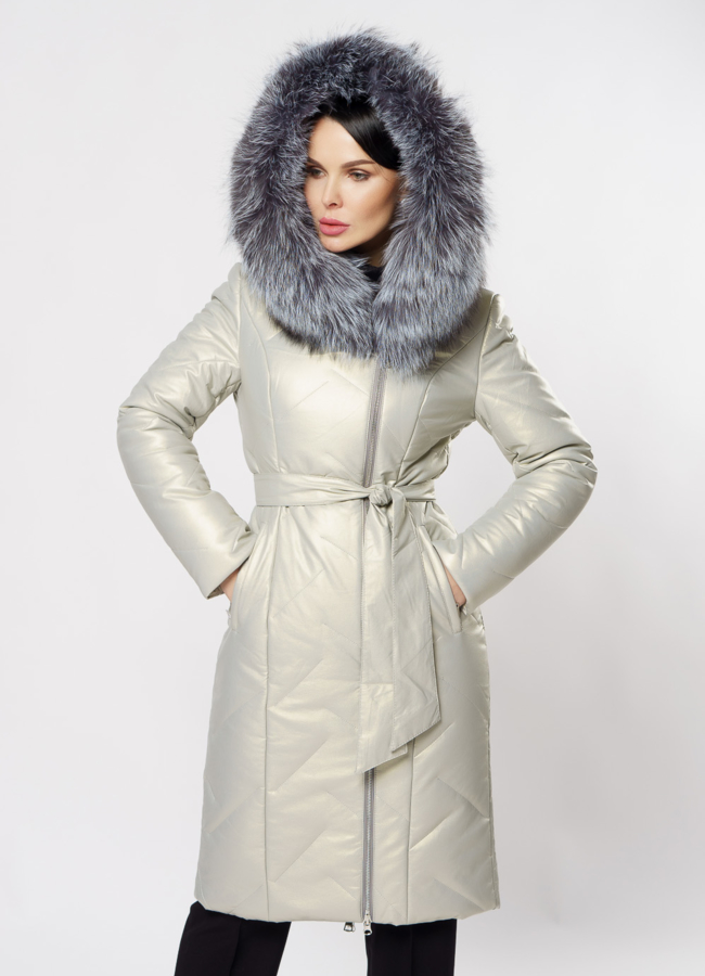 Удлиненный пуховик из эко кожи с чернобуркой модель № 19347 универмаг малина