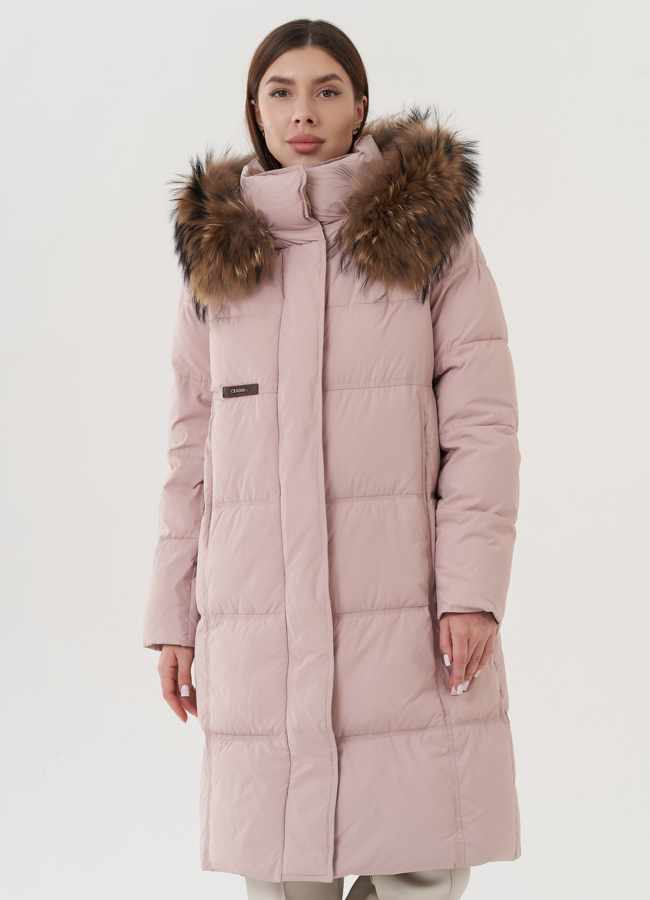 Пуховик женский с капюшоном  модель № 25708 меха малина