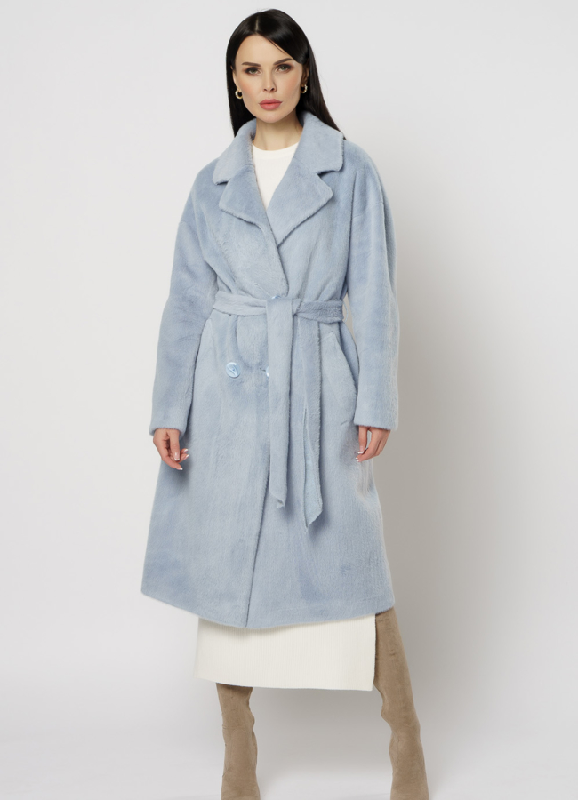 фото Двубортное пальто голубого цвета модель № 20744