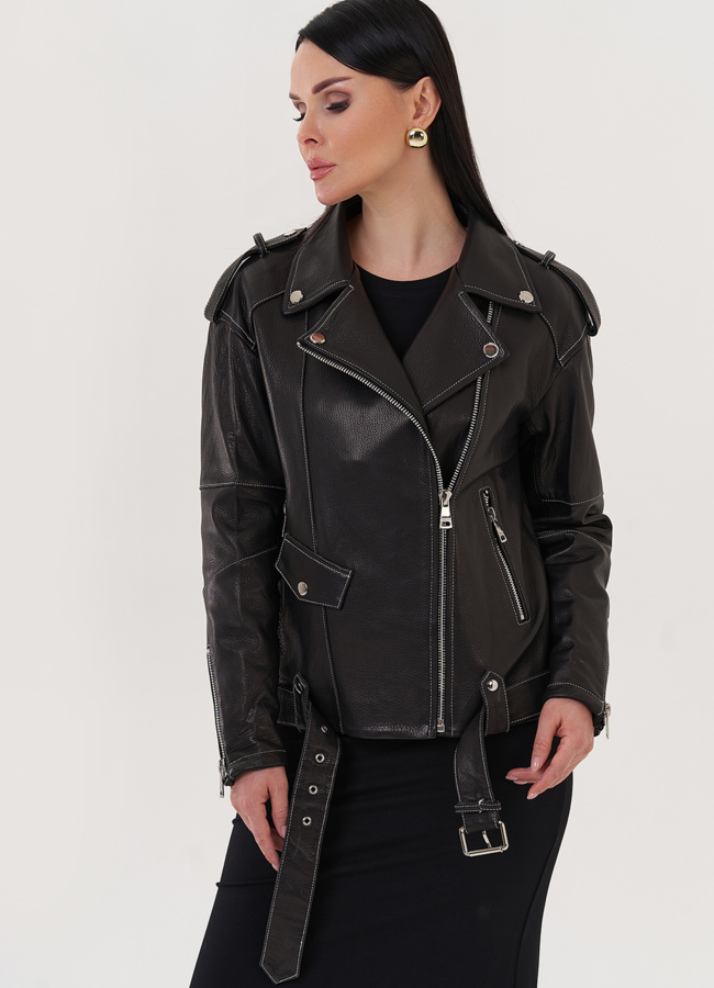 Кожаная куртка с контрастной строчкой модель № 597 меха малина Кожаная куртка с контрастной строчкой модель № 597 меха малина