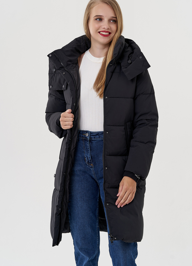 Женское полупальто пуховик в черном цвете модель № 81346 в кредит