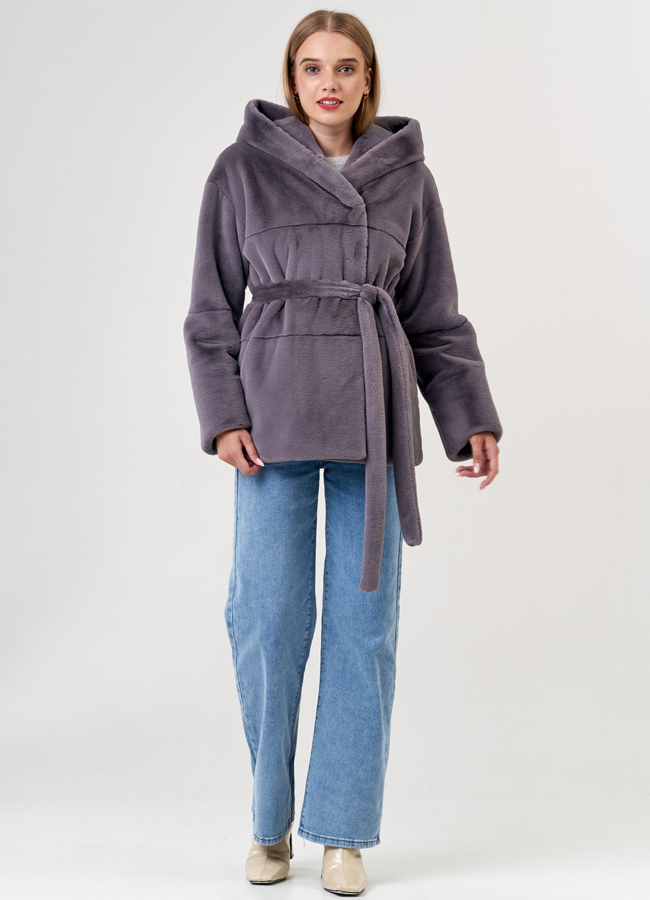 фото Укороченная шуба из эко меха с капюшоном модель № 21134