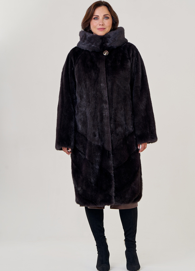 фото Шуба из норки силуэта баллон с капюшоном модель № 23075