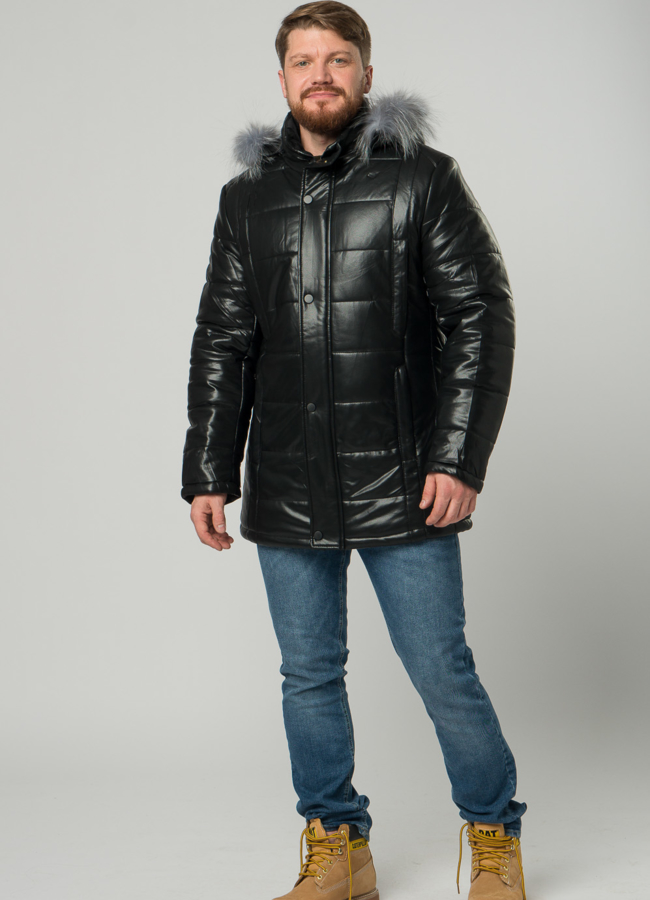 фото Мужской пуховик из эко кожи с капюшоном модель № 21877