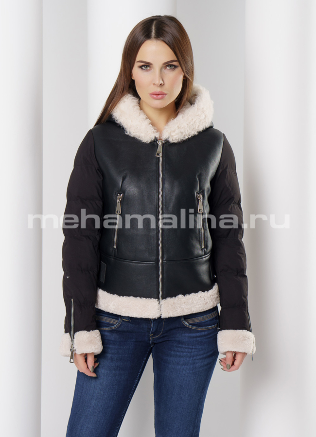 Укороченный пуховик модель № П-303 меха малина