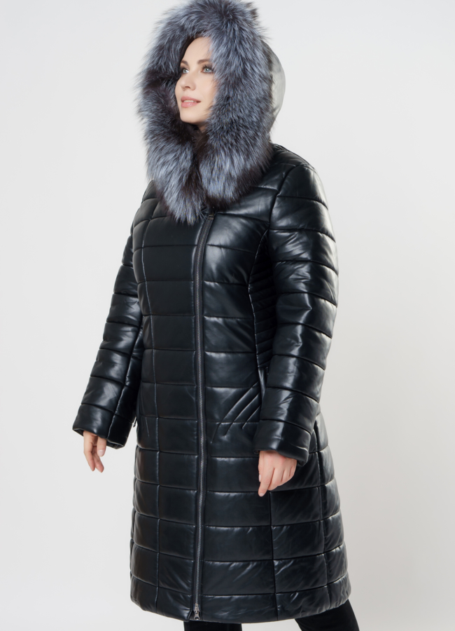 Удлиненный пуховик из эко кожи с чернобуркой модель № 8906 универмаг малина