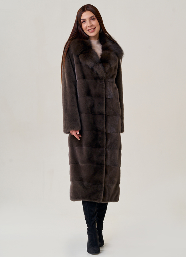 фото Длинная шуба из норки с куницей модель № 2202