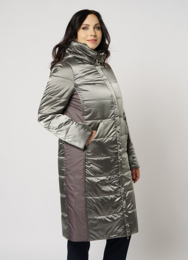 фото Серый пуховик на молнии с капюшоном модель № 238