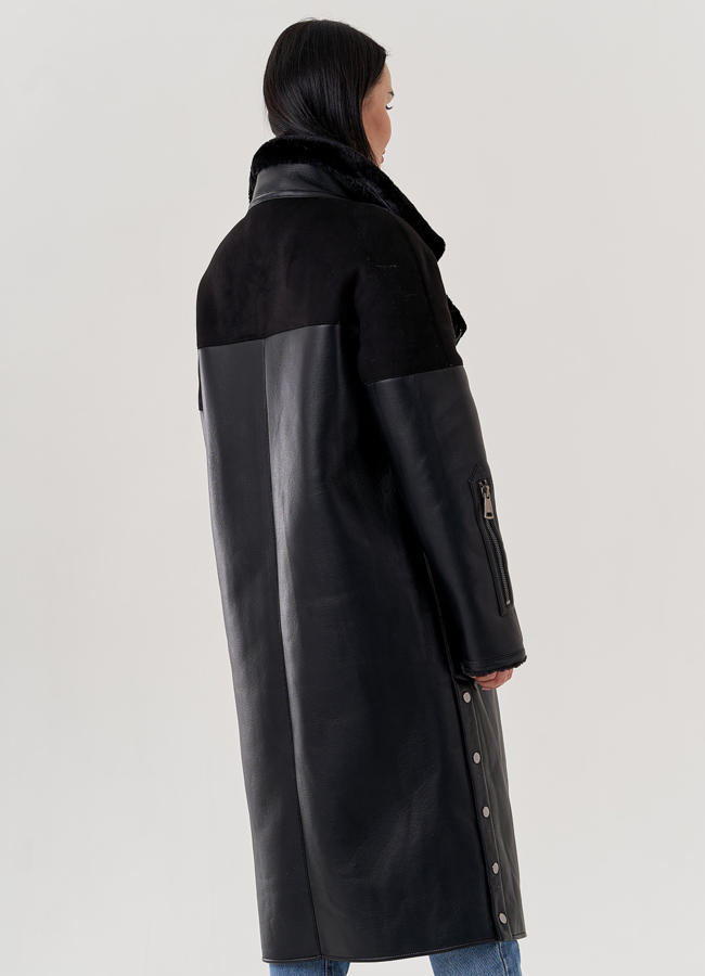 Женская дубленка из эко кожи черного цвета  модель № 79496 универмаг малина