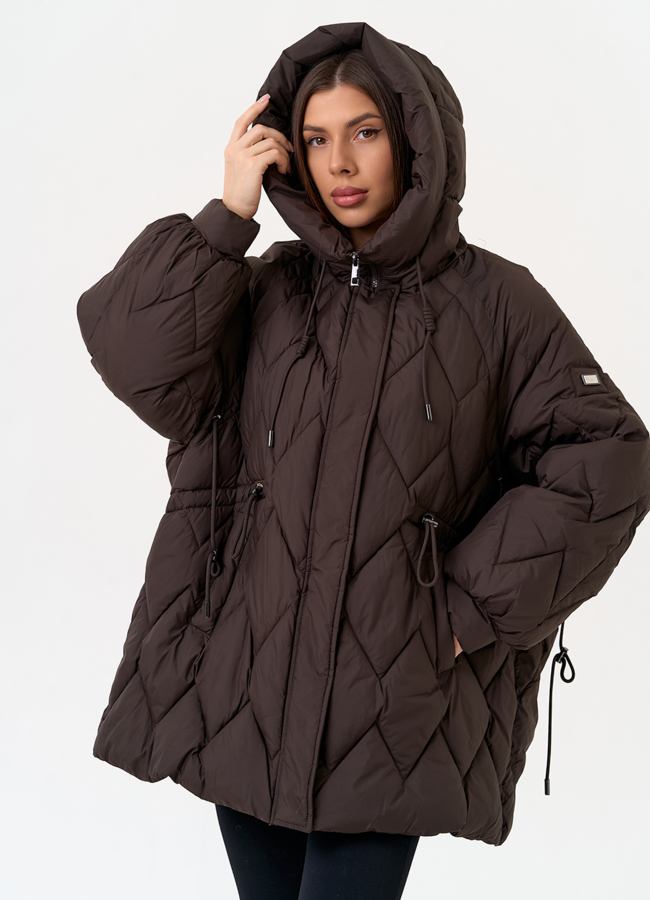 Женский пуховик с капюшоном коричневого цвета модель № 31519 универмаг малина