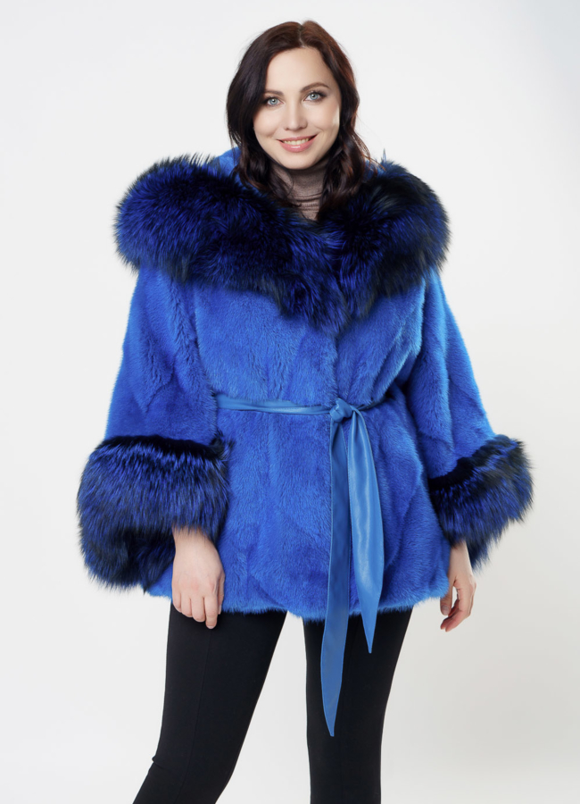 Женская шуба синего цвета модель № S-1001 в рассрочку